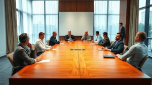 Executivos em uma reunião séria sobre as implicações da IA em uma sala iluminada.