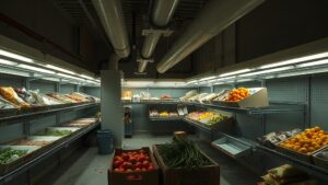 Um armazém com alimentos organizados e áreas vazias, simbolizando o desperdício e a fome no Brasil.