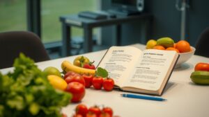 Mesa de trabalho com notebook e alimentos frescos ao redor, simbolizando a gestão de desperdício alimentar.